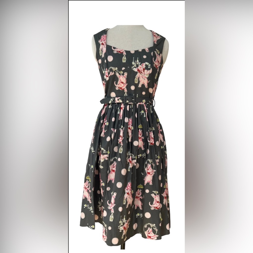 RARE Bernie Dexter Pinup Novelty Pink Tipsy Elephants Polka Dot Retro Dress